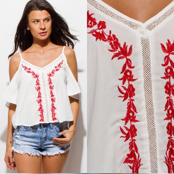 LOST IN HURRICANE IAN 🌺 Embroidered Cold Shoulder Top🌺 - Picture 2 of 2